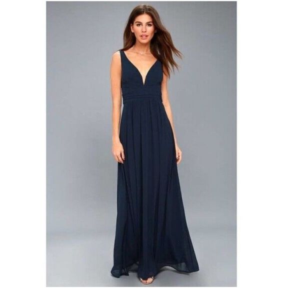 Lulus Dresses & Skirts - Lulu’s Ruched A-Line Chiffon Pleated Navy Blue Gown /Maxi dress size L